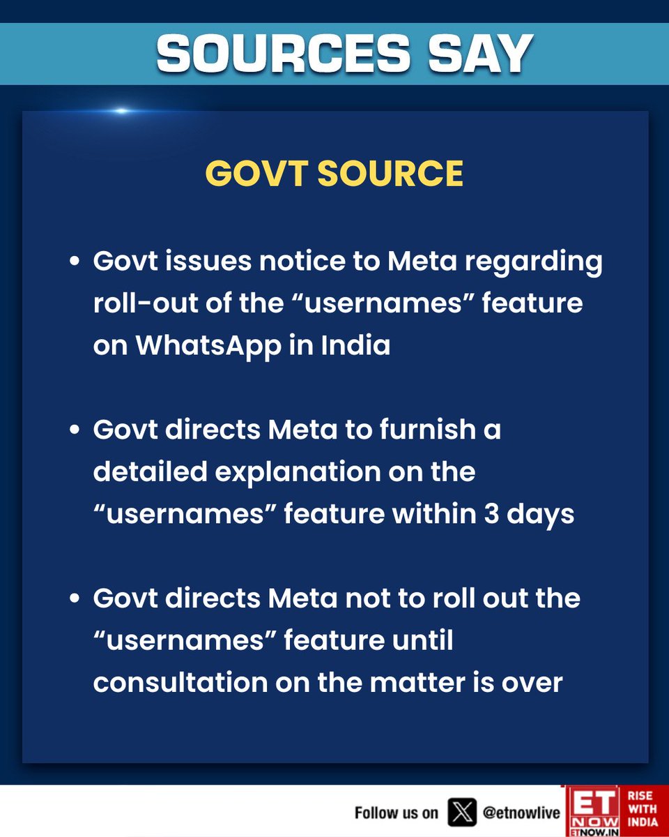 ETNOWlive's tweet photo. #SourcesSay | Govt Source: Govt issues notice to Meta regarding roll-out of the “usernames” feature on WhatsApp in India

Govt directs Meta to furnish a detailed explanation and urges the company not to roll out the feature until the consultation is over

@SumitaKareer #Meta #username #WhatsApp