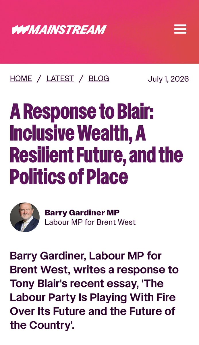 BarryGardiner's tweet photo. Tony Blair’s @InstituteGC published his damning assessment of the “soft left” Labour Party. 
He thinks we should abandon clean energy for cheap energy and jump on board the high tech AI revolution. 

Today @mainstreamlbr published my Response to Blair. https://t.co/MAQrGbG5AN
