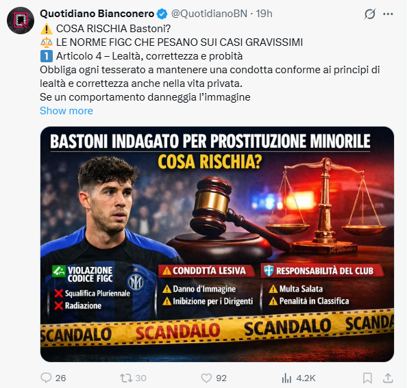 DanieleZindato's tweet photo. Quindi l'#Inter già in B per il caso #Bastoni.
Andiamo con ordine:
-#Fagioli scommetteva
-#Vlahovic faceva orge in hotel con individui di ogni genere
-#Theo ha pestato una tipa in un locale (secondo #Corona)
Indovinate in quale caso si è cercata la responsabilità del #club https://t.co/EkW2Xxcxir