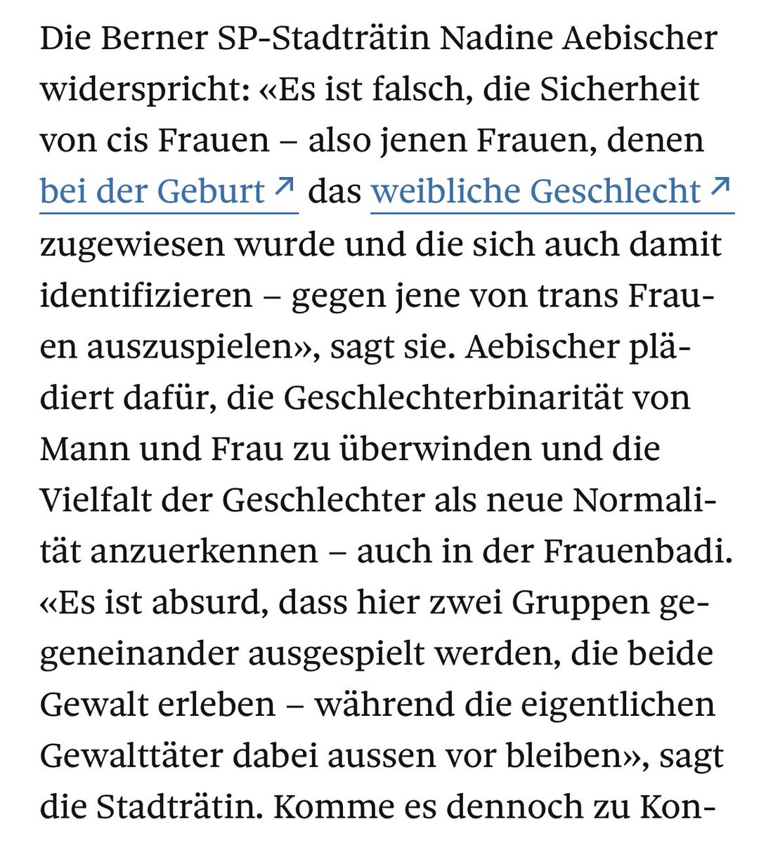 AtticusJazz's tweet photo. Die woke-linke Berner Politikerin Nadine Aebischer fordert, "die Geschlechterbinärität von Mann und Frau zu überwinden und die Vielfalt der Geschlechter als neue Normalität anzuerkennen."

Soweit kommt's noch!

Ich werde den Gessler-Hut der Queer Theory Sekte niemals begrüssen! https://t.co/vRqr8j6syh