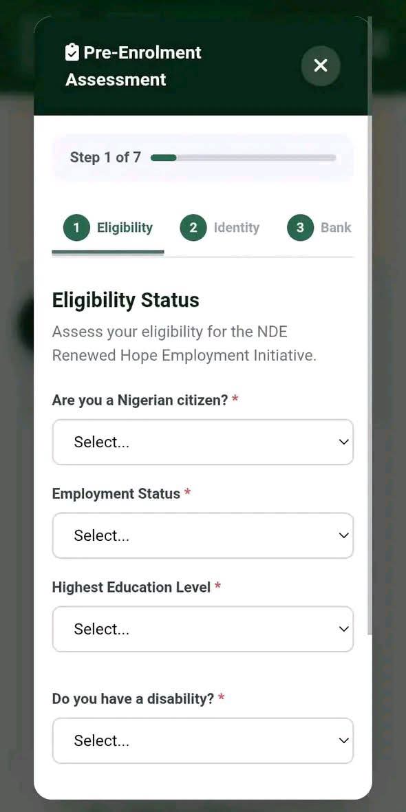 MrCharlesky's tweet photo. FG Invites Applications for NDE RHEI Phase III 2026

The Federal Government has set to commence applications for the Renewed Hope Employment Initiative (RHEI) Phase III 2026 through the National Directorate of Employment (NDE).

Under this phase of the programme, the Federal Government aims to empower 21,824 beneficiaries nationwide by providing skills acquisition, employment opportunities, and entrepreneurship support.

NDE RHEI Phase III Pre-Enrolment Assessment

All applicants will undergo a mandatory pre-enrolment assessment before the final selection. The assessment is designed to verify eligibility and ensure applicants are assigned to suitable training centres. The process includes:

- Verification of eligibility requirements
- Confirmation of identity using a valid means of identification
- Validation of BVN and bank account details
- Age verification (applicants must be between 18 and 50 years old)
- Assessment of the applicant's state of residence
- Allocation based on proximity to designated training centres
- Verification of passport photograph quality

Interested and qualified applicants are encouraged to complete their application through the official portal and carefully review all eligibility requirements before applying.

Application Portal, Eligibility Requirements, and Step-by-Step Guide on How to Apply 👇
https://t.co/vBt5HknwUD