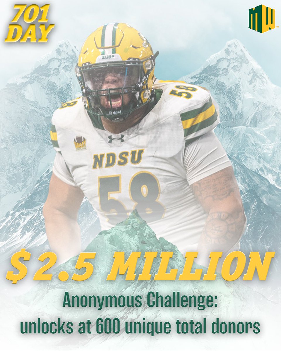 NDSUteammakers's tweet photo. We’re over 500 donors and it’s time to keep the energy going! Our 600 donor match is an anonymous $2.5 million matching gift that will put us over $5 million!! Let’s go! #bison701 https://t.co/H7O532nXyl