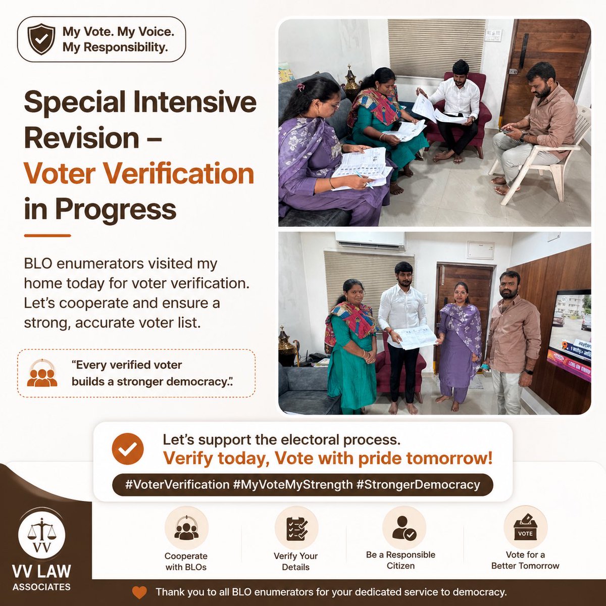 VijjithVarma's tweet photo. Today, as part of the Special Intensive Revision (SIR) of the electoral rolls, BLO Enumerators visited my residence to verify voter details.
I sincerely appreciate the dedicated efforts of the Election Commission officials and BLOs who are working tirelessly to ensure an accurate and transparent electoral roll.

I request every eligible citizen to cooperate during the verification process. A few minutes of your time today will help strengthen our democracy tomorrow.

"An accurate voter list is the foundation of free and fair elections." 🇮🇳
#VoterVerification #SpecialIntensiveRevision #ElectionCommission #Democracy #EveryVoteCounts #ResponsibleCitizen #IndiaVotes