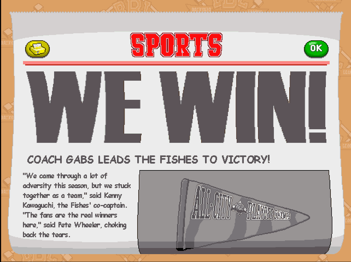 18k26_'s tweet photo. Os Blue Fishes venceram o All-City playoff, parabéns time. Agora vamos em busca do título do Super Entire Nation Tournament, Go Fishes !! (Sim o Kenny é o vice capitão do time) #backyardbaseball https://t.co/nGXOg691dW