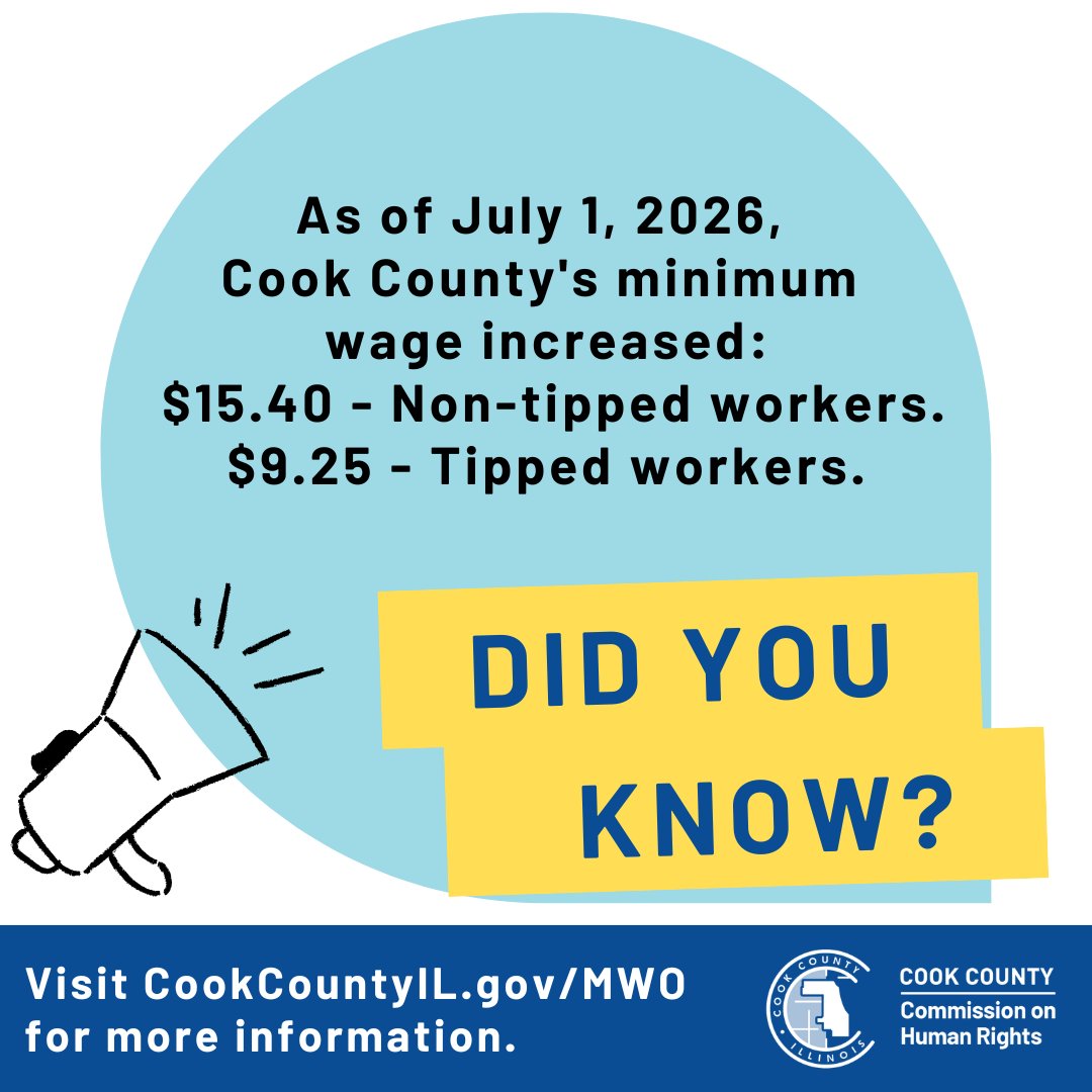 CookCtyHumanRts's tweet photo. The Cook County Commission on Human Rights set the increased minimum wage, effective July 1! 

Visit https://t.co/TlswqOwGTZ for detailed information.

#HumanRights 
#MinimumWage 
#CookCounty https://t.co/X64QUCNUqh