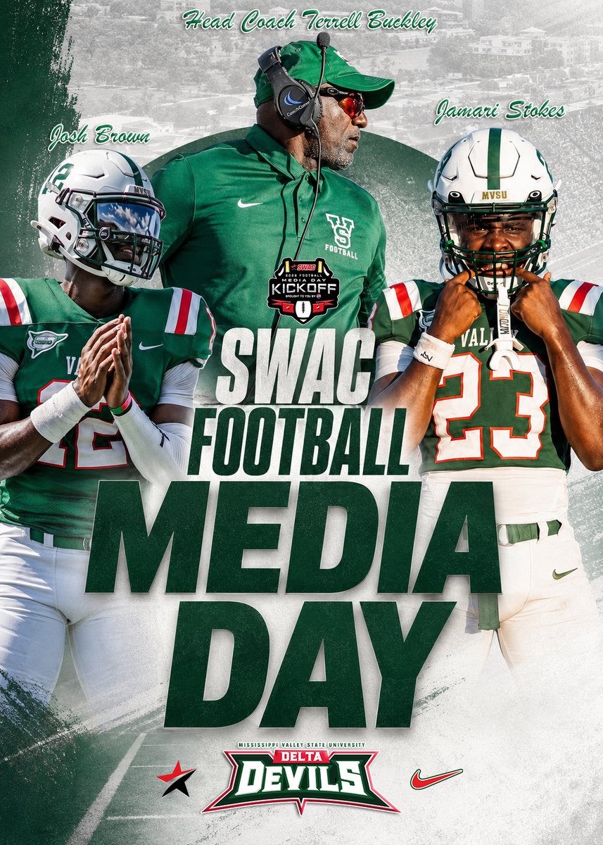 MVSUDevilSports's tweet photo. The stage is set. ππ₯
Head Coach Terrell Buckley, Josh Brown and Jamari Stokes are ready to represent Mississippi Valley State at SWAC Football Media Day.
Valley Football is locked in for 2026. π’βͺοΈ
#MVSUFootball #ValleyInMotion #BringTheHeat #SWACFB https://t.co/jLOCfABM9q