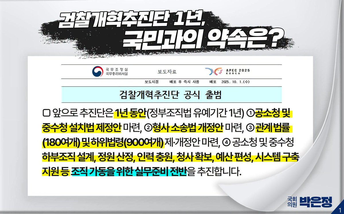 wpdlatm10's tweet photo. 박은정

<검찰개혁 입법 완수 임무를 다시 부여받았습니다.> 

22대 하반기 국회 법사위원으로 재선임되었습니다. 

존경하는 국민 여러분의 뜨거운 염원대로 반드시 검찰개혁 입법을 완수하겠습니다. 

마지막까지 그 책임을 다하겠습니다. 

공소청과 중수청 출범이 100일도 남지 않은 상황입니다. 

시간이 없습니다. 이미 국회는 정부안을 8개월이나 기다렸습니다. 

자료 제출 요구에 응해 주십시오. 

오늘자 중앙일보 기사내용대로 정부가 3월 말에 보완수사권 폐지 방침을 정하고 정부안을 만들었다면 추진단 검사들이 그에 따라 지금쯤은 관계 법률과 하위 법령 제개정 작업도 마쳤을 것입니다. 

「김민석 “보완수사권 先처리” 정청래 “시간끌기 꼼수”…진실은(26.7.1, 중앙일보)」
https://t.co/7Ys3HEACXe

총리실 검찰개혁추진단 출범 당시 약속한 형사소송법 개정안과 이에 따른 관계 법률 180개 및 900개의 하위 법령 제개정 자료를 국회에 제출해 주십시오. 

국회에서 준비한 개정안과의 불일치 및 비합리성 여부를 꼼꼼히 검토하고, 

부합되는 부분 역시 조문별로 비교 분석하여 신속히 입법하고자 합니다. 

존경하는 국민 여러분, 

반드시 검찰개혁 입법을 완수하겠습니다. 끝까지 책임을 다하겠습니다.