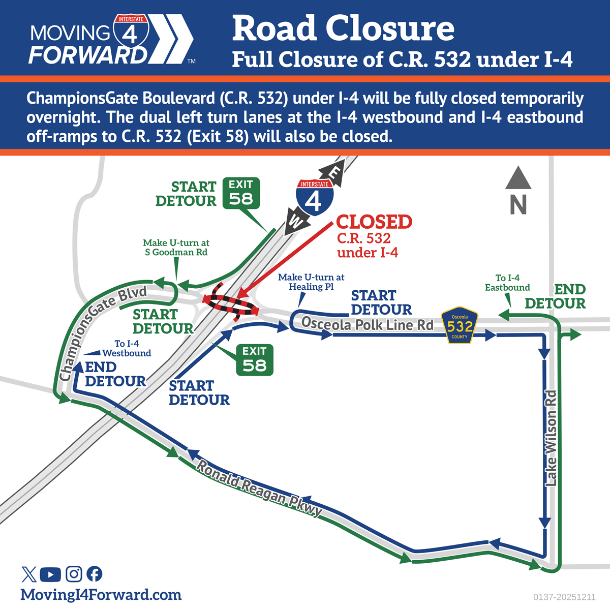 MyFDOT_CPO_MI4's tweet photo. Traffic Advisory:
🚧 Full Closure: ChampionsGate Boulevard (C.R. 532) under I-4 for bridge placement
📅 July 1
🕒 Overnight, 10:00 p.m. to 5:00 a.m.
Detour signs will be posted. Drive safely! For more information, visit: https://t.co/rs1Iip969s
#MovingI4Forward #FDOT #TrafficAdvisory
@OsceolaCountyFl