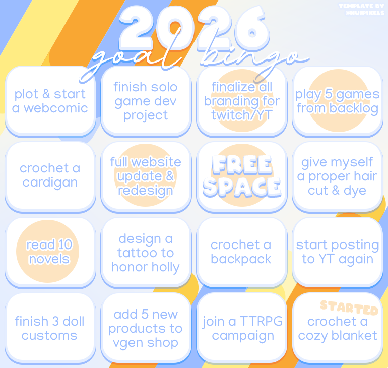 nuipixels's tweet photo. update on my goal bingo board for the year!! https://t.co/Weml9t4j2F