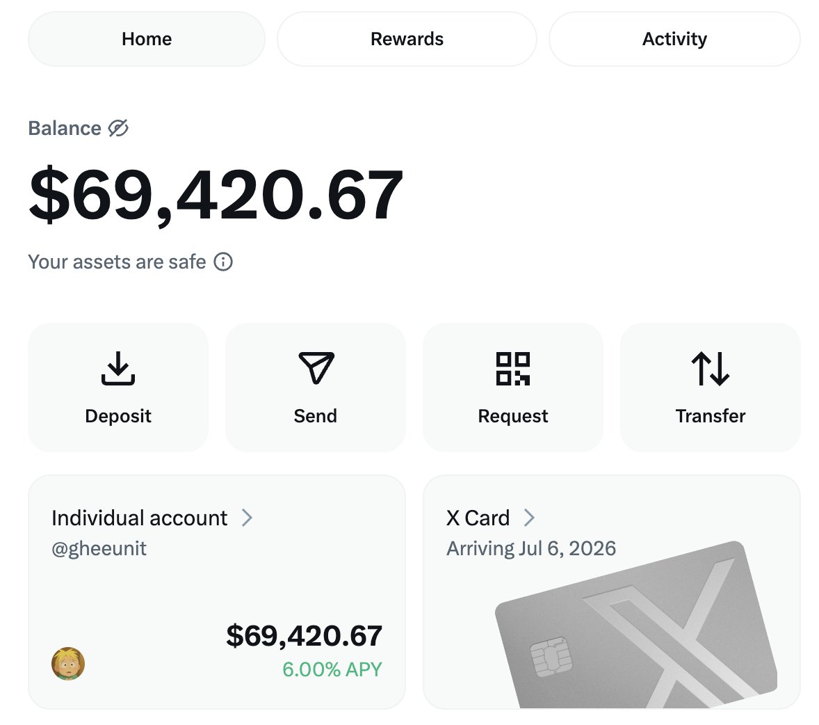 gheeunit's tweet photo. I've officially transferred over my entire net worth over to @XMoney. 

May @elonmusk continue to bless me with 6.00% APY and 3% cashback on daily purchases for as long as possible, and may every other legacy bank still alive fail and erode for good!

Long live 𝕏 Money! 🚀💸 https://t.co/lgV9rYY3vr