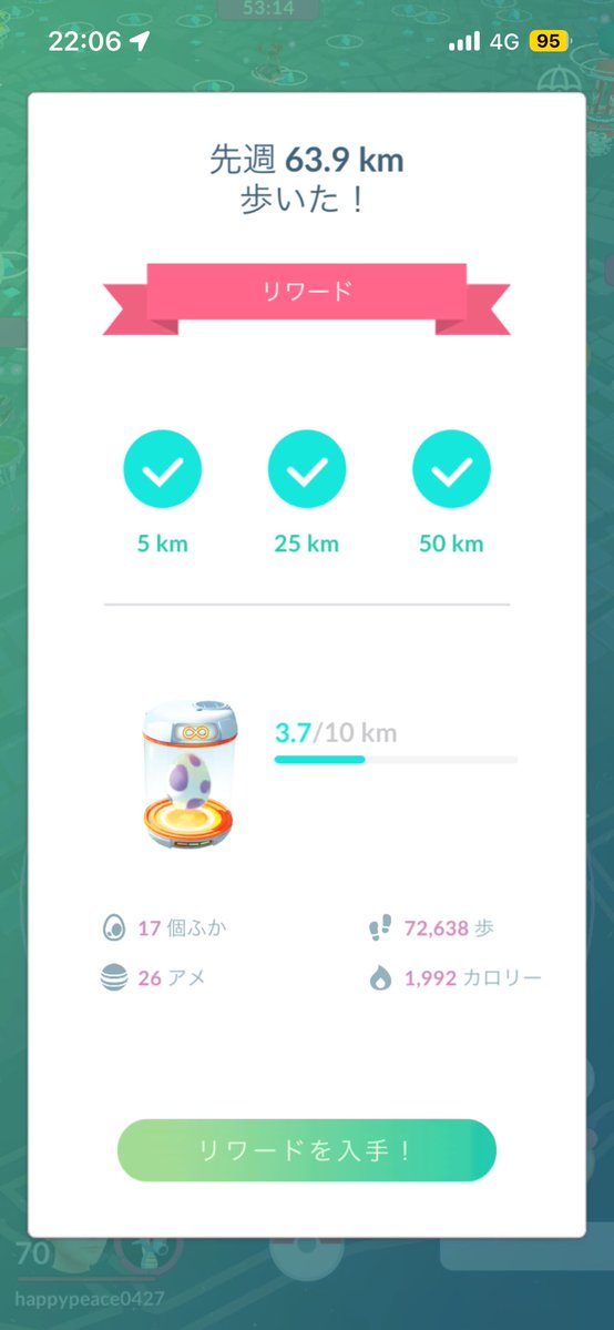 DeSnared's tweet photo. 先週もよく歩きまして63.9kmでfinish👍
今週も無理をせず頑張ります🚶
#PokemonGO #ポケモンGO https://t.co/2wLeqLhcfQ