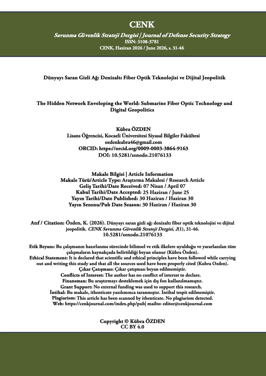 cenkjournal's tweet photo. Kübra ÖZDEN, denizaltı fiber optik altyapıları dijital jeopolitik çerçevesinde inceledi.

Kritik altyapı güvenliği yaklaşımıyla, bu hatların sinyal istihbaratı boyutunu ve Doğu Akdeniz'deki "altyapı üzerinden çevreleme" dinamiklerini İsrail-Türkiye ekseninde değerlendiriyor. https://t.co/UJsXcwE5Y8