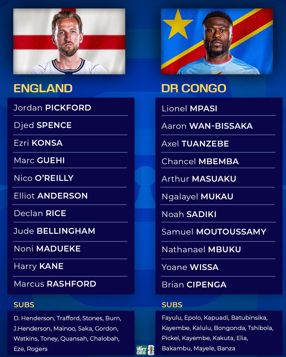 MirrorFootball's tweet photo. 🚨📋 Team news in from Atlanta 

🏴󠁧󠁢󠁥󠁮󠁧󠁿 England boss Thomas Tuchel makes three changes as Declan Rice, Noni Madueke and Djed Spence come into the team

#FIFAWorldCup https://t.co/TMsSYrhHgJ