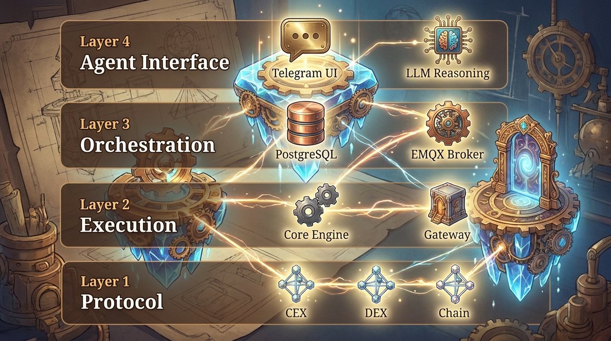 _hummingbot's tweet photo. 🤖 Hummingbot's architecture is like a well-oiled steampunk machine!

🔗 Layer 1: Protocol - connects to CEXs, DEXs & chains
⚡ Layer 2: Execution - Core Engine powers your trades
🎛️ Layer 3: Orchestration - PostgreSQL & EMQX keep things flowing
🤖 Layer 4: Agent Interface - chat with AI via Telegram

It's a trading bot wizard tower ⚡ Each layer magically passes spells (data) to automate your crypto trading while you sleep.

Ready to unleash AI-powered trading? 

Start your journey with Condor today: 
https://t.co/WN3EdoPjdA 🦅