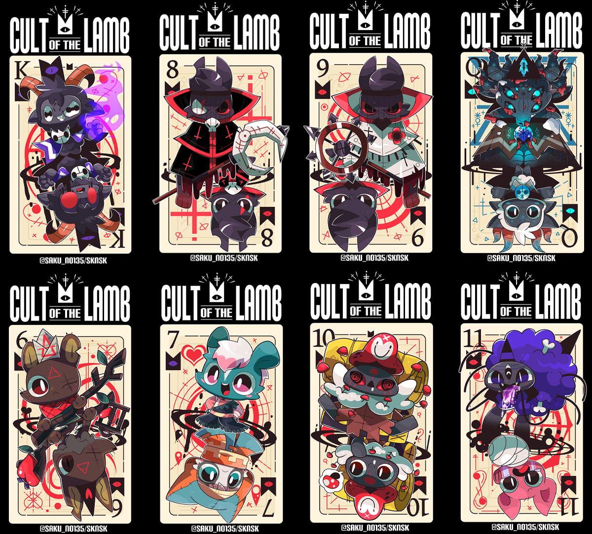 saku_no135's tweet photo. A compilation of the playing card series I've drawn so far.♠️♣️♥️♦️
There are some very old ones, and the art style has changed since then.🙄
I'll draw more whenever the mood strikes me.

#cultofthelamb #cultofthelambfanart #COTL https://t.co/aIC0MlndHY