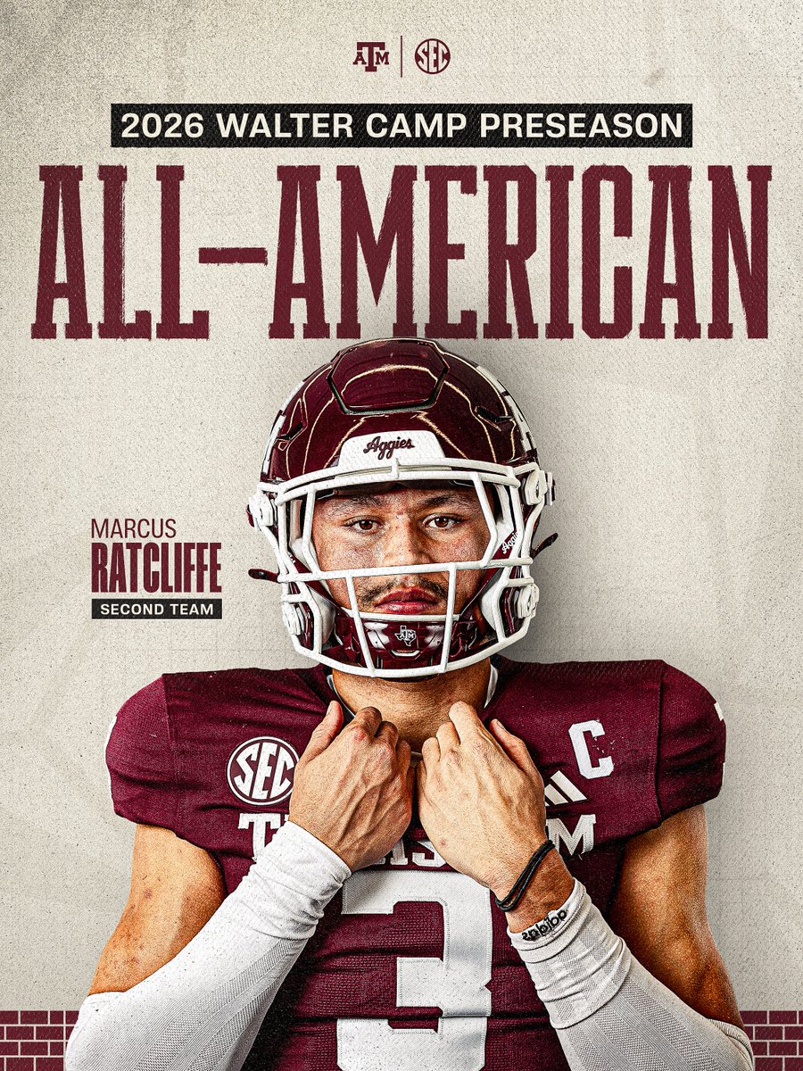 AggieFootball's tweet photo. 2026 @WalterCampFF Preseason All-American

@RatcliffeMarcus | https://t.co/Ek5TKHRL4B https://t.co/pHZMcD1D6V