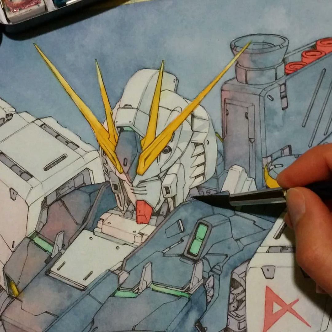 poellll's tweet photo. totally forgot about the absolute insane nu gundam in watercolors by hector trunnec https://t.co/ro80nqEAwY