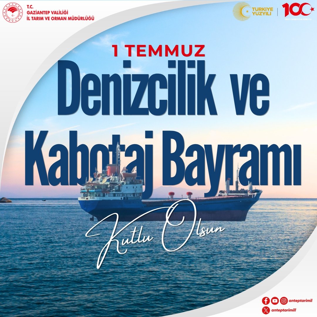 anteptarimill's tweet photo. 1 Temmuz Denizcilik ve Kabotaj Bayramı Kutlu Olsun.
@TCTarim @ibrahimyumakli @ibrahimsaglam46 @tobeydb https://t.co/1eWr4226AQ