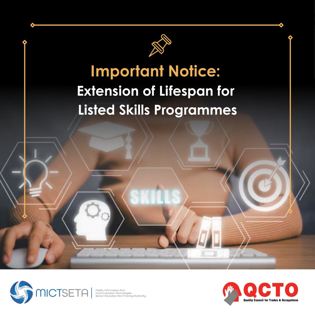 MictSeta's tweet photo. 📢 Important Notice
@MictSeta is sharing a QCTO directive extending the lifespan of listed Skills Programmes previously scheduled to end in 2024, 2025 &amp; 2026.

SDPs, employers &amp; learners are encouraged to review the circular.

Read More: https://t.co/1Gxpyx3rOn

#MICTSETA #QCTO https://t.co/lNQniHgF9R