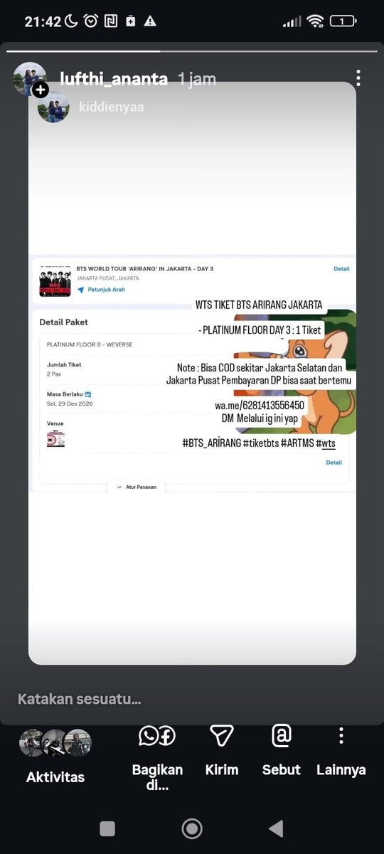 CleoKost's tweet photo. Edisi Bantu Jual,
WTS Tiket BTS Day 3

- Platinum Floor : 1 Tiket

Note : Bisa cicil, Bisa COD Sekitar Jakarta Selatan dan Jakarta Pusat

https://t.co/z0xwbIGDpc

#BTS_ARİRANG #tiket #tiketbts #ARMY_MEMBERSHIP #bts https://t.co/RYsLr5OM8S