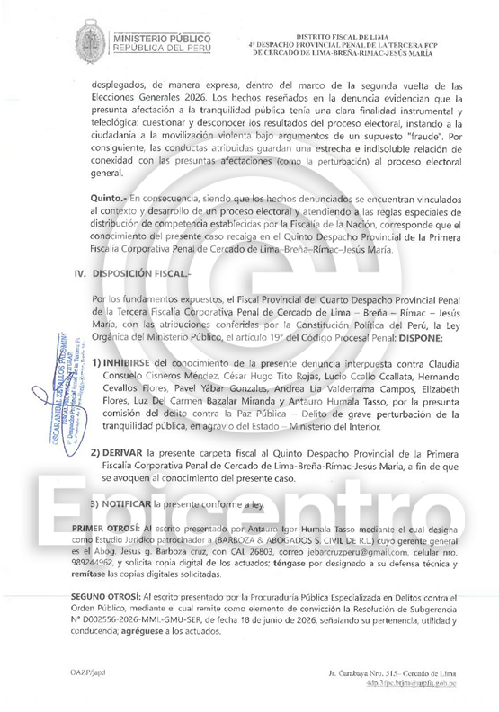 Epicentro_TV's tweet photo. 🔴Fiscal que recibió la denuncia contra Claudia Cisneros, Hernando Cevallos, Antauro Humala, Cesar Tito y Lucio Ccallo se inhibe de continuar con la investigación y deriva el caso a la quinta Fiscalía a la que se le han asignado los casos de presuntos delitos contra la voluntad popular.
