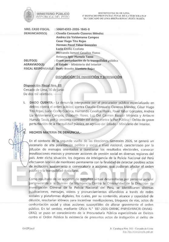 Epicentro_TV's tweet photo. 🔴Fiscal que recibió la denuncia contra Claudia Cisneros, Hernando Cevallos, Antauro Humala, Cesar Tito y Lucio Ccallo se inhibe de continuar con la investigación y deriva el caso a la quinta Fiscalía a la que se le han asignado los casos de presuntos delitos contra la voluntad popular.