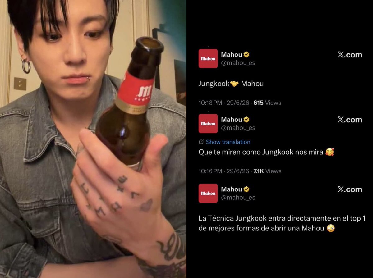 1BforJK's tweet photo. Mahou แบรนด์เบียร์สัญชาติสเปน 🇪🇸 ที่ #จองกุก ดื่มระหว่างไลฟ์สุดไวรัล ได้เข้ามาคอมเมนต์พูดคุยกับแฟนๆ อย่างสนุกสนาน 😍❤️ 

“จองกุก 🤝 Mahou” 

“ขอให้ทุกคนได้เจอคนที่มองคุณด้วยสายตาแบบเดียวกับที่จองกุกมองเบียร์ของเรา 🥰” 

“การเปิดขวดแบบจองกุกขึ้นแท่นอันดับ 1 ของวิธีเปิดขวดเบียร์ Mahou ที่ดีที่สุดไปเลย 😳” 

#JUNGKOOK #정국