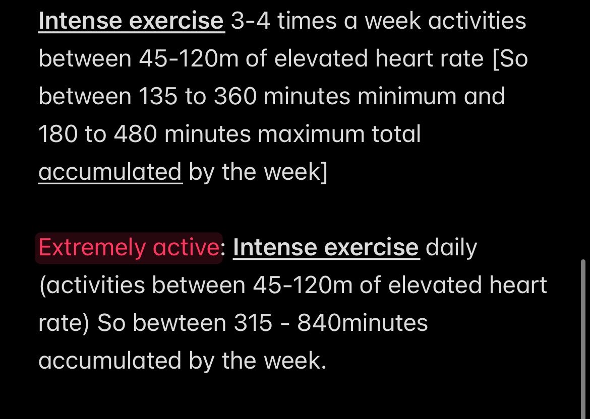 somnusick's tweet photo. 🪽 I don’t think I can calculate my activity level ONLY with steps

so, based on these definitions of exercise and intense exercise (pic 1) I made my own chart (pics 2-3) since I guide myself better with it for my BMR calculations!! inspired by (pic4) #edrtwt #anatwt #ricecaketwt https://t.co/TTsg7SvmDx