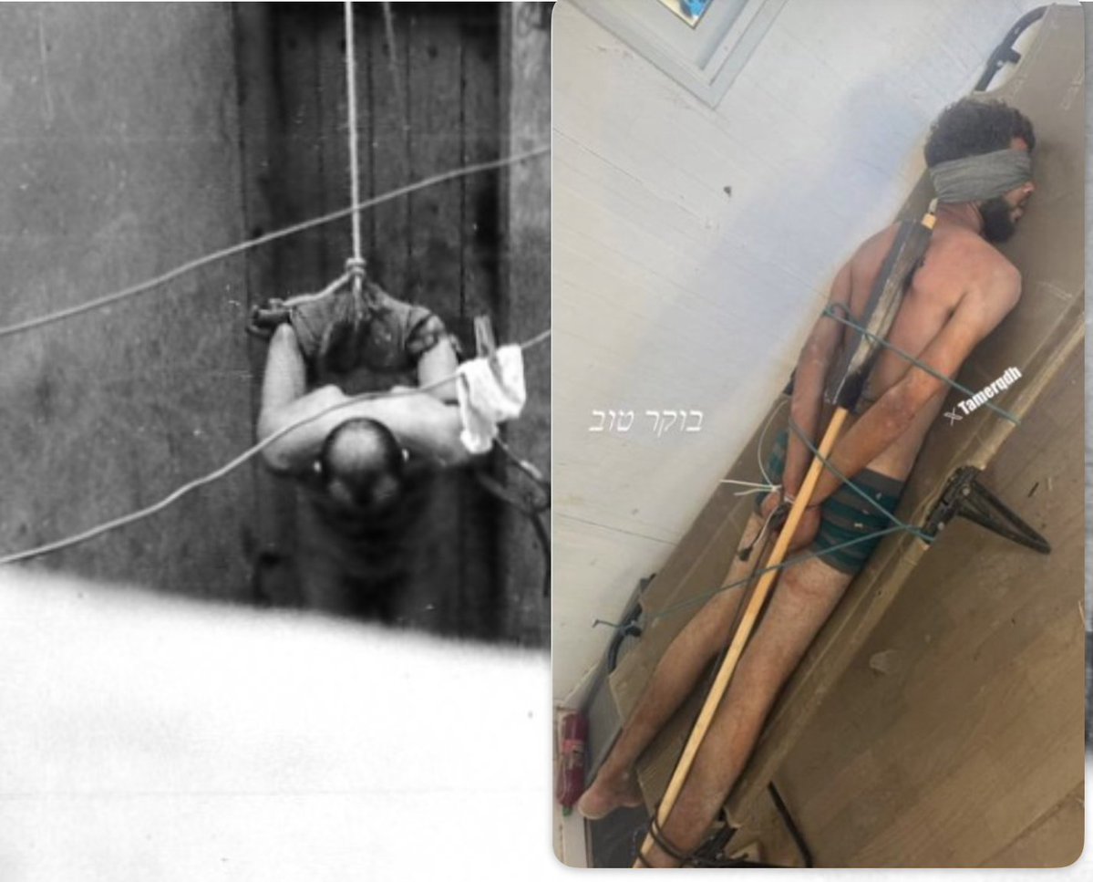 Hal9000_T1's tweet photo. The image  of a tortured  Palestinian man -  @Manouck44  noticed it was similar to what the French army did to Algerians in 1957.

Same colonial dehumanizing methods - even worse the Israeli posted the image to boast about it. https://t.co/yRZe4LMjaH