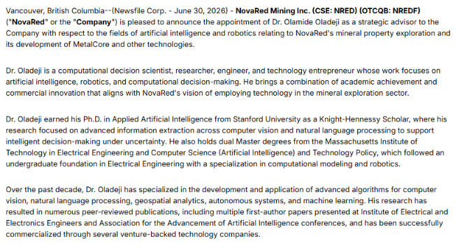 Prashan08432739's tweet photo. I LOVE WHAT THIS APPOINTMENT SAYS ABOUT MANAGEMENT

What impressed me most isn't just Dr. Olamide Oladeji's résumé-it's why NovaRed Mining CSE $NRED  brought him in before drilling. 

His background includes Stanford Applied AI, MIT, Forbes 30 Under 30, Knight-Hennessy Scholar, and AI systems deployed across 40+countries. 

His mission isn't marketing-it's improving predictive geological modeling, AI-assisted target ranking and exploration decisions through MetalCore's 2.7M+proprietary records. 

With 39,726 acres, 18.3 miles of completed IP/AMT surveys and 3 drill-ready targets, I think NovaRed Mining is giving itself every possible advantage before the drill bit turns. 

I'm still targeting C$6+.

This content does not constitute legal, financial, or medical advice.

$EBAY $LFS $BIYA