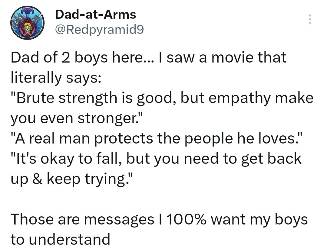 Redpyramid9's tweet photo. He-Man has always been a paragon of "gentle masculinity." He promotes kindness and empathy over violence, yet is willing to use his strength to protect the downtrodden.
Fathers should absolutely take their sons to see MOTU and promote He-Man's virtues to raise good men. https://t.co/lhwvznTwT4
