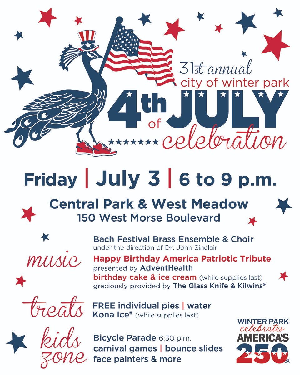 WinterParkFla's tweet photo. 31 years of tradition! 🇺🇸  
FULL DETAILS ➡️ https://t.co/OkisCGe2O2

31st Annual 4th of July Celebration 
🗓️ Friday, July 3
⏰ 6 - 9 p.m.
📍 Central Park &amp; West Meadow https://t.co/d0uVl5kfAx