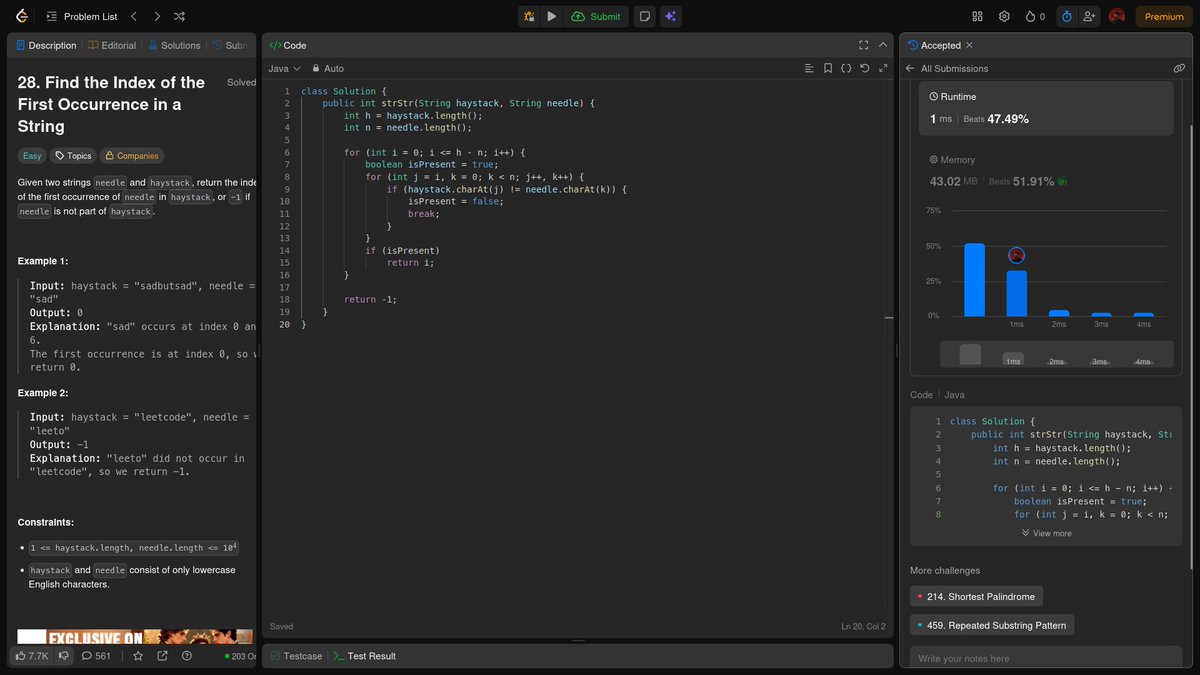 Subhraneel40939's tweet photo. Day 31 ✅of 45 Days of SDE Sheet Challenge by 
@takeUforward_ @striver_79  with 3 string problems
✅Z function
✅KMP Algorithm or LPS array
✅Minimum insertions to make string palindrome
#SDESheetChallenge #DSA https://t.co/LfI8Oc7nXf