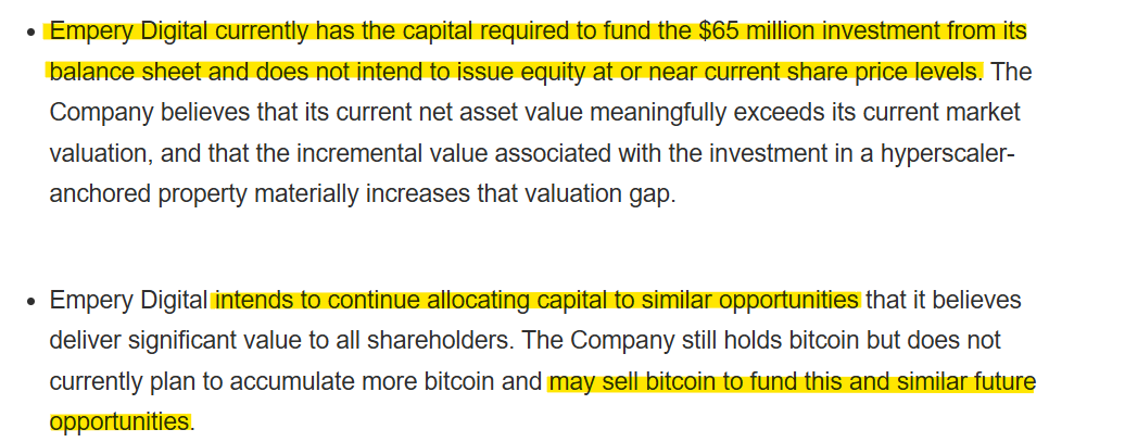 kmpcapital's tweet photo. $EMPD "We can fund the $65M by selling our BTC, we won't dilute below NAV and we will sell more BTC in the future for similar opportunities". 

Really liked the follow-up PR today. Interesting opportunity and flying under the radar for whatever reason https://t.co/H6uiLk6EX8