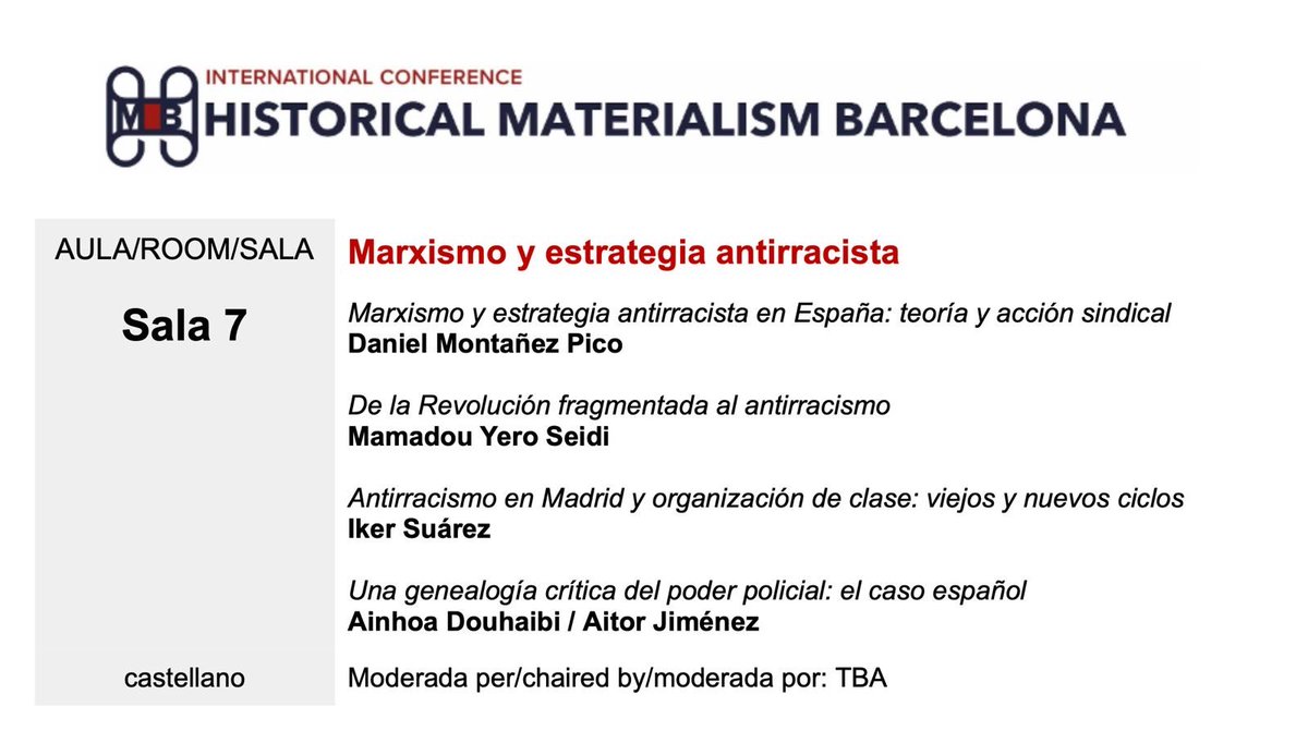ikersuarz's tweet photo. Gente de Barcelona, este sábado estaremos en @HMaterialismBCN (11:45-13:45h) para un panel sobre marxismo y antirracismo con @Mamadou_Yeroo, Ainhoa Douhaibi y Dani Montañez Pico. 

Ahí nos vemos 👇🏼 https://t.co/jUlFNnYaqX