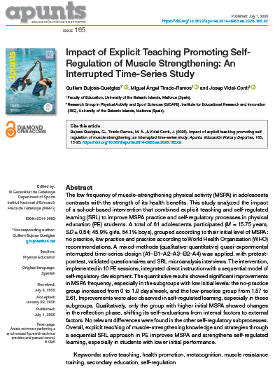 GuillemBujosa's tweet photo. New publication!
Can explicit teaching + self-regulated learning boost adolescents' muscle-strengthening habits?
Our PE intervention increased both weekly muscle-strengthening activity and self-regulation especially in the least active student #SRL #Edufis @gicafeUIB 👇 https://t.co/ov6y4d00Et