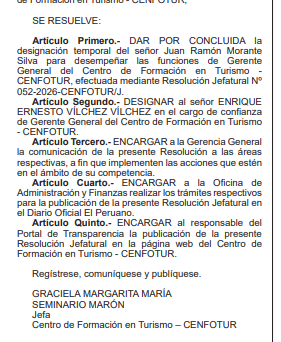 cviguria's tweet photo. DE DINA A BALCÁZAR
propósito de mi tuit sobre movidas y designaciones en entidades del Estado que pasan caletas, aquí va otra.  Hoy en El Peruano, se designó a Enrique Vilchez como gerente general de CENFOTUR, como cargo de confianza.  
Se trata del hombre de confianza de la vacada expresidenta Dina Boluarte. Estuvo con Boluarte en Palacio donde fue su secretario general. Ha estado vinculado al hermanísimo Nicanor Boluarte. Fue también uno de los usuales acompañantes de Boluarte a viajes al extranjero, incluído Vaticano.