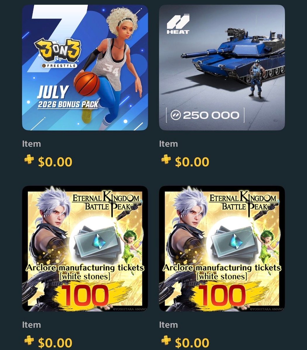 FreeOnPS's tweet photo. Multiple: 3on3 FreeStyle, World of Tanks: Heat, and Eternal Kingdom Battle Peak - July 2026 packs [PS Plus DLC] https://t.co/yNpDqiOznI