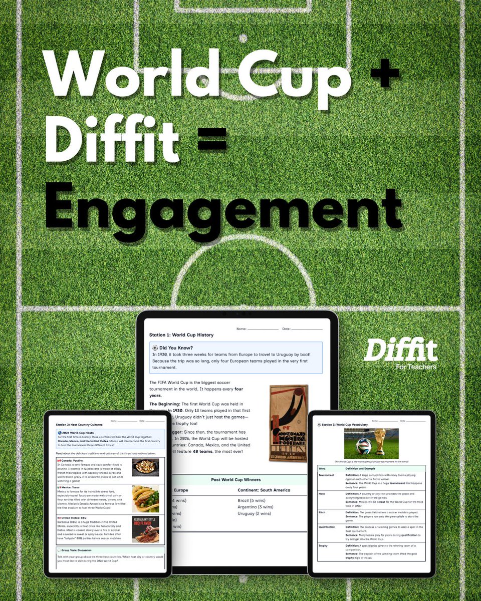 DiffitApp's tweet photo. Ready to teach the World Cup?! What better way to engage students than tying learning to current events, and it's also a great opportunity to teach about various cultures. ⚽️🌍 Use the tournament to explore geography, math (stats & probabilities), cultural studies, persuasive writing, and even STEM design challenges. Try country research projects, data-driven assignments, or classroom debates about strategy. How will you bring the World Cup and global cultures into your classroom this year? Share your ideas below! 💚

#Diffit #WorldCup #CurrentEvents