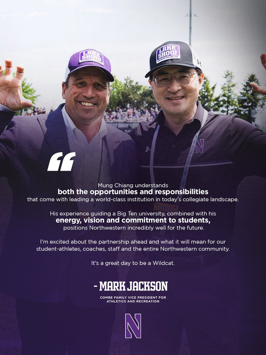 NU_Sports's tweet photo. Excited to start a new chapter 💜🫡

Happy first day, President Mung Chiang! https://t.co/sgiIGTAd6Y