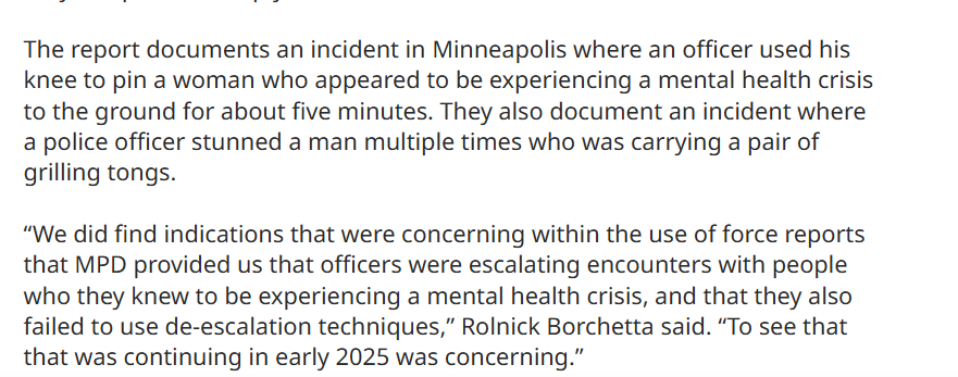 taylr's tweet photo. the minneapolis police department are still using their knees to pin people to the ground, 5 years after their officers killed george floyd while on the job doing exactly this

MPR reports they even did it for 5 MINUTES to a woman experiencing a mental health crisis https://t.co/WNWsEKhOwg