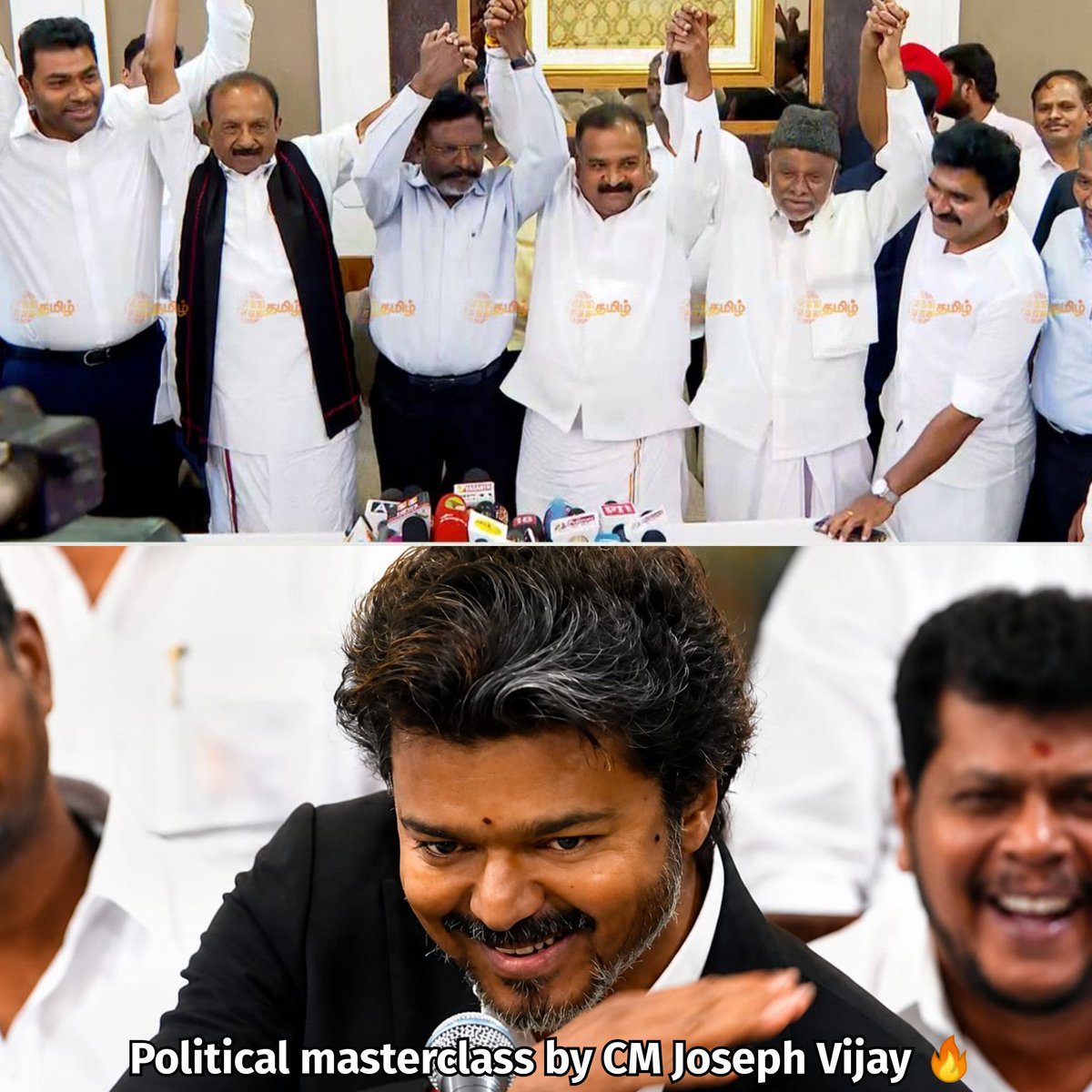 georgeviews's tweet photo. Political Masterclass by CM Joseph Vijay! 🎯

DMK leadership has been claiming that CM Vijay's government is a "shaky setup" that will collapse, warning cadres to prepare for re-election in 3 to 6 months... 

CM Joseph Vijay has responded with his political genius. He has engineered a durable, long-term coalition that completely ruins the DMK's hopes of an early collapse... 

These parties left the DMK on their own terms because teaming up with TVK is a natural fit. If anyone still doubts the political acumen of CM Vijay, this is your answer.