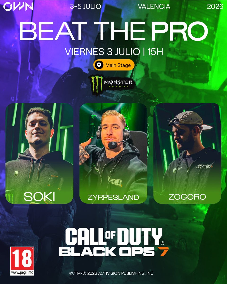 OpenWorldNowcom's tweet photo. 💚 Este viernes os esperamos en el Main Stage a las 15h, con @MrxSoki, @zyrpesland y @Zogoro en un Beat The Pro de Call of Duty: Black Ops 7 de la mano de @MonsterEnergyES 🔥

¿Listos para enfrentaros a los mejores? 😎🤝 https://t.co/Hzf93JGhPX