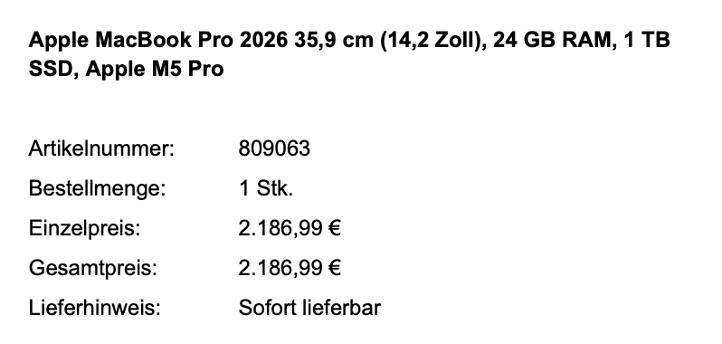 powerplins's tweet photo. same Macbook Pro M5Pro 24GB/1TB, +821€ more over night 📈👀 https://t.co/CTgmdru0rV