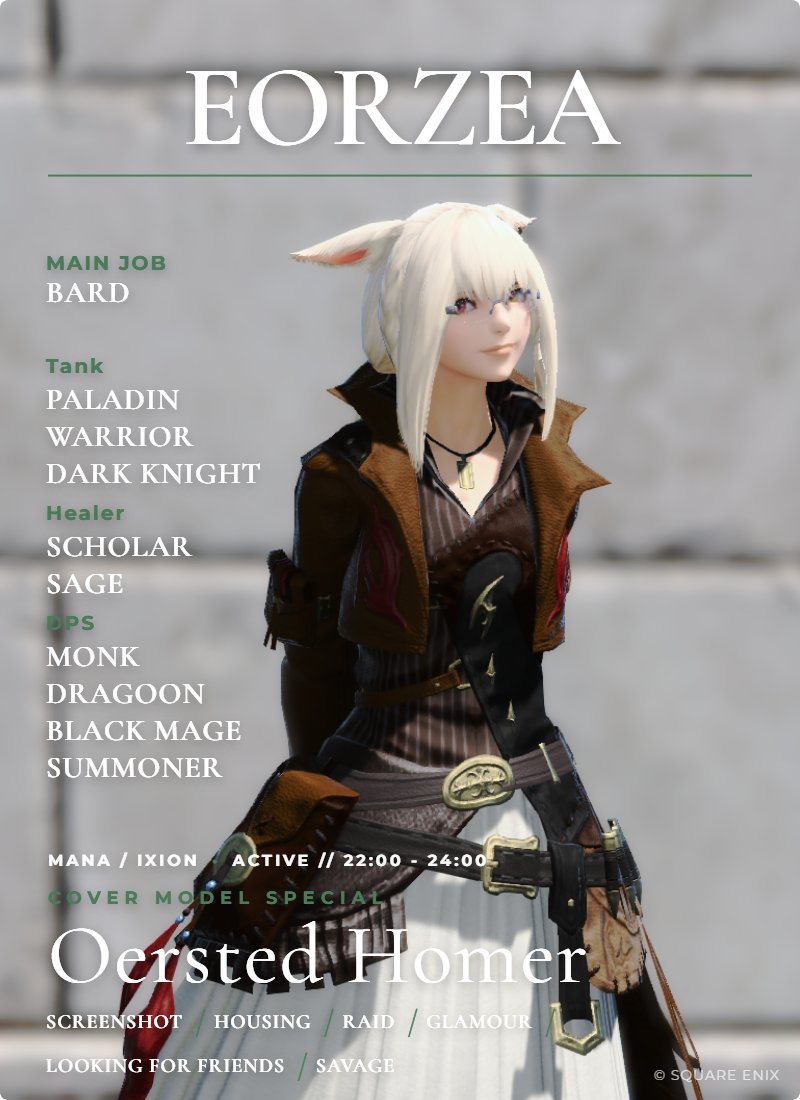 NagaraCol's tweet photo. 雑誌風のやつ、お借りしました。
よろしくお願いいたします!
#ynmagcard #FF14キャラクターカード #ManaDC #Ixion https://t.co/NHrBbAq1iL