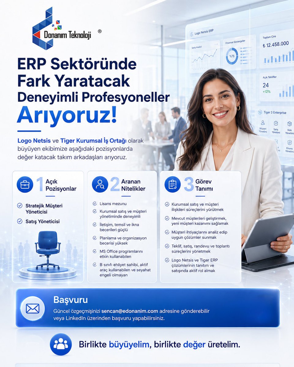edonanim's tweet photo. ERP Sektöründe Fark Yaratacak Deneyimli Profesyoneller Arıyoruz!
Logo Netsis ve Tiger Kurumsal İş Ortağı olarak büyüyen ekibimize aşağıdaki pozisyonlarda değer katacak takım arkadaşları arıyoruz.

Açık Pozisyonlar:
Stratejik Müşteri Yöneticisi
Satış Yöneticisi https://t.co/zqP8GCXiy5
