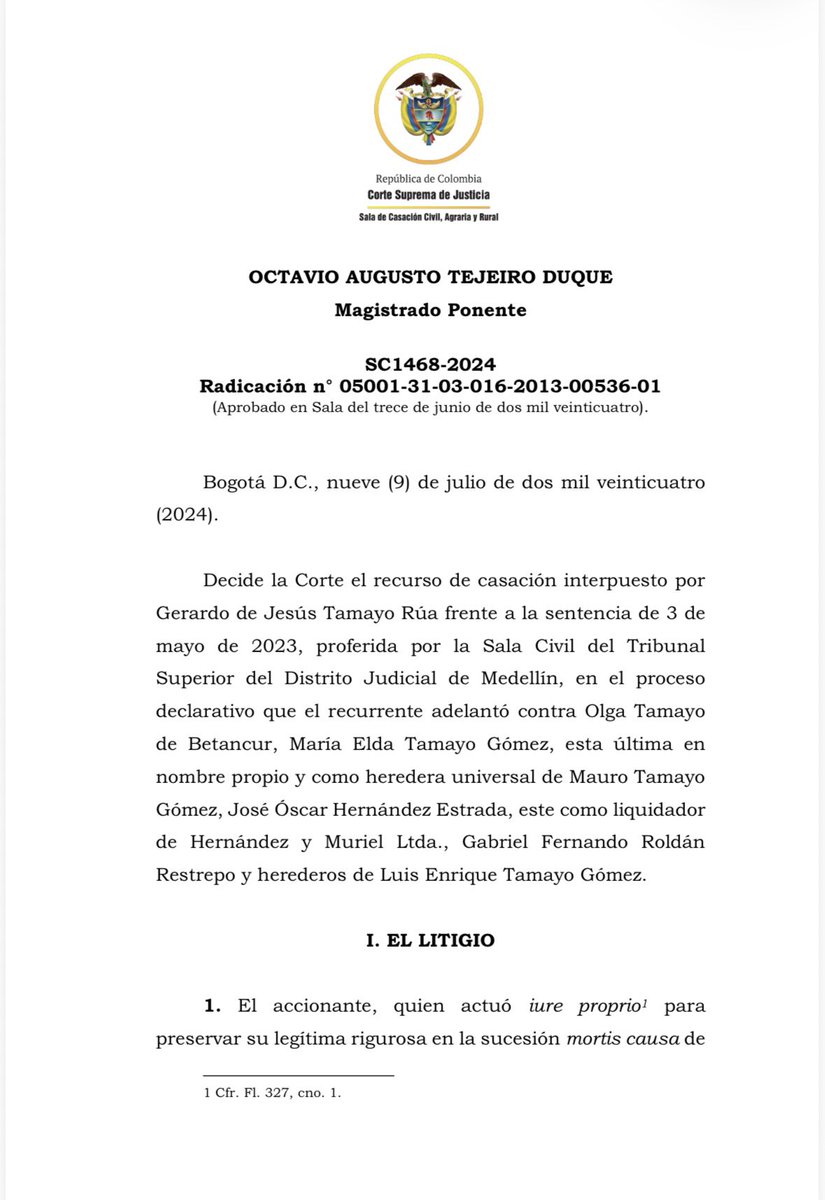 cabogadosa1's tweet photo. 📌 Simulación relativa. Compraventa simulada para encubrir una donación entre hermanos. Necesidad de acreditar el acuerdo simulatorio. Valoración de indicios graves, concordantes y convergentes. Permanencia del vendedor en la posesión del bien, precio irrisorio y falta de prueba del pago como indicadores de simulación. 

Corte Suprema de Justicia. Sala de Casación Civil, Agraria y Rural. 

Sentencia SC1468-2024 de 9 de julio de 2024. Rad. 05001-31-03-016-2013-00536-01. 

M.P. Octavio Augusto Tejeiro Duque.

https://t.co/pN0ekQrpcV