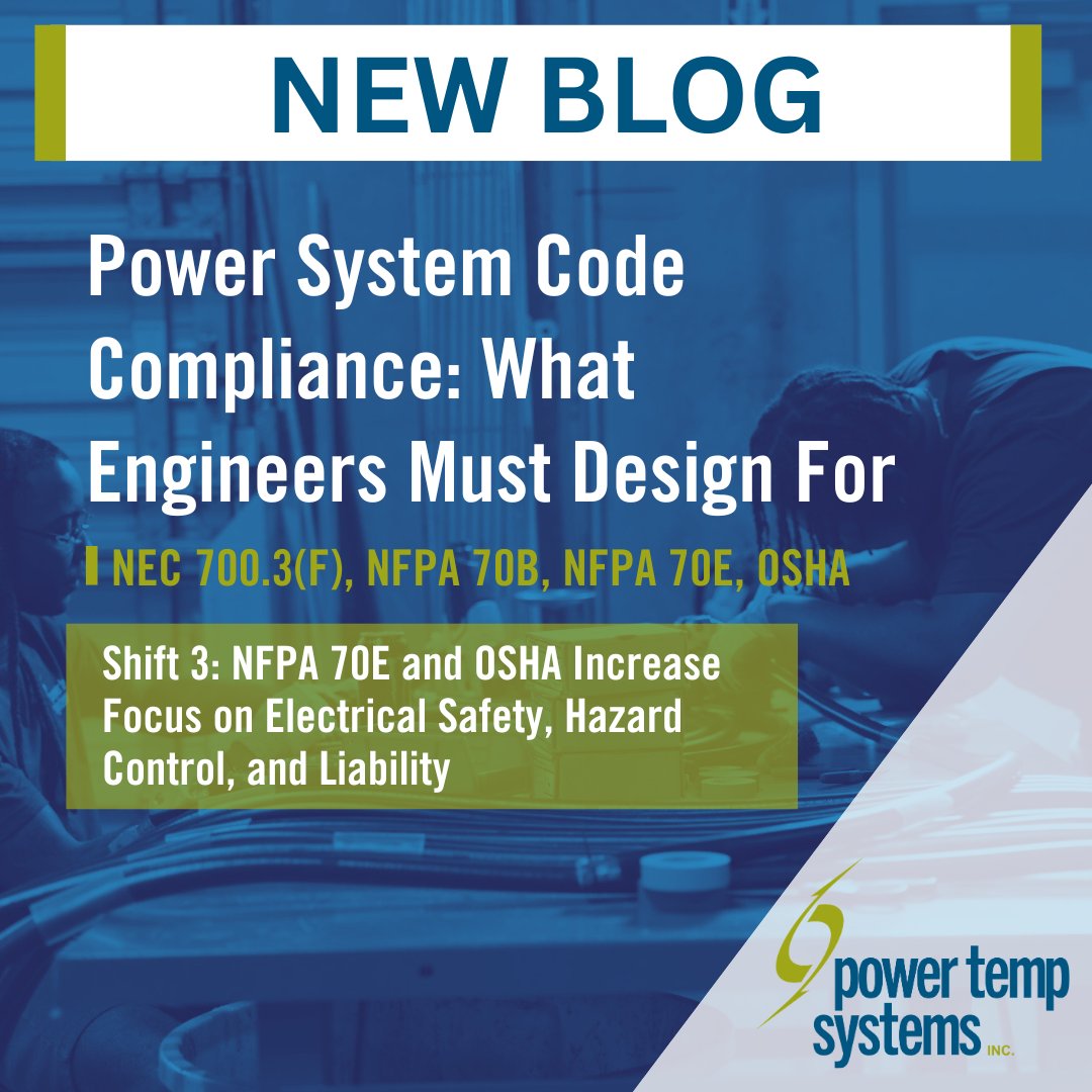 PowerTempSys's tweet photo. ⚡ Continuing our series on the key shifts driving changes in power system code compliance.

🚨 Shift 3: NFPA 70E and OSHA are raising the bar for electrical safety, hazard control, and liability.

Read more: https://t.co/x6nXxfL3Qh

#PowerSystems #NFPA70E #CodeCompliance https://t.co/IEkplEqdgI