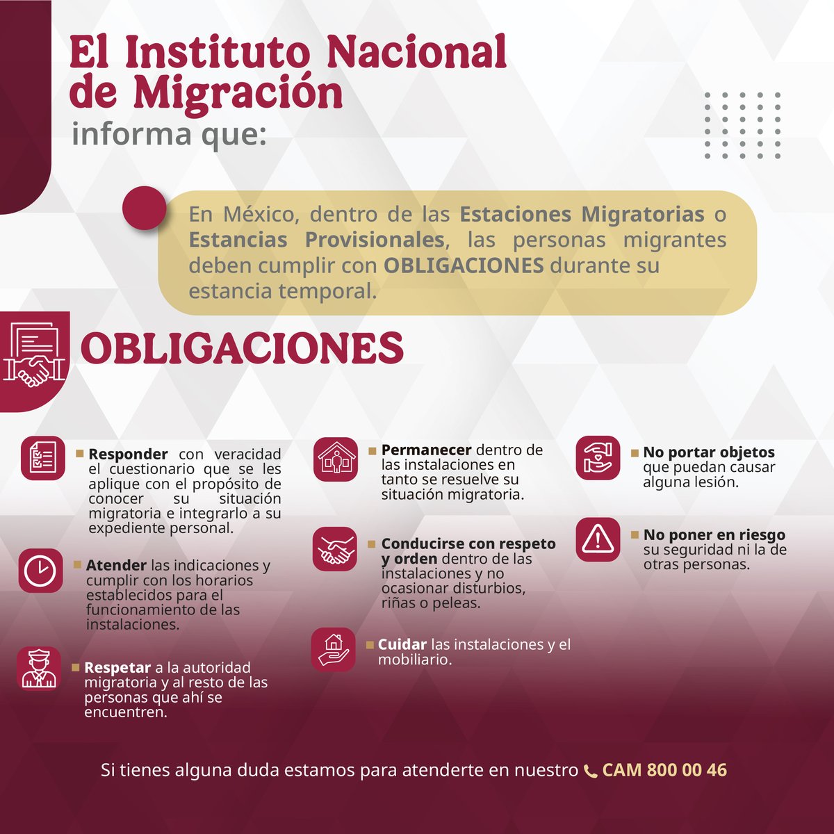 INAMI_mx's tweet photo. Conoce las obligaciones que las #PersonasMigrantes deben cumplir en las Estaciones Migratorias y Estancias Provisionales del #INM durante su alojamiento.

Para más información llama a nuestro Centro de Atención Migratoria 800 00 46 264
#MovilidadHumana 🌎🚶🏻‍♀️🚶🏻 https://t.co/hT6QjAI7yu