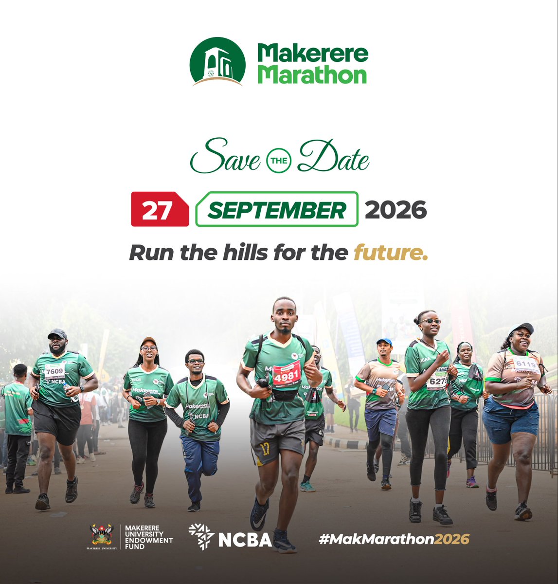MakRun_Ug's tweet photo. CONFIRMED: The 2026 Makerere University Marathon is happening on 27th September 2026, starting at 6:00 am.

Lace up, start training, and get ready to run the hills in support of access to education for students with disabilities at @Makerere.

#MakMarathon2026 https://t.co/BE5Nb2vrEP
